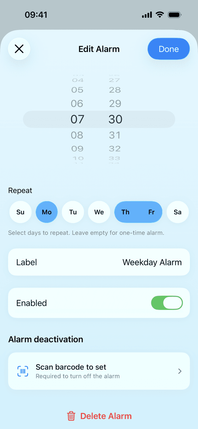 QuitSnooze edit alarm without barcode